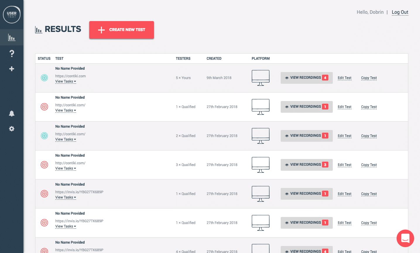 usertestio usability testing platform dashboard