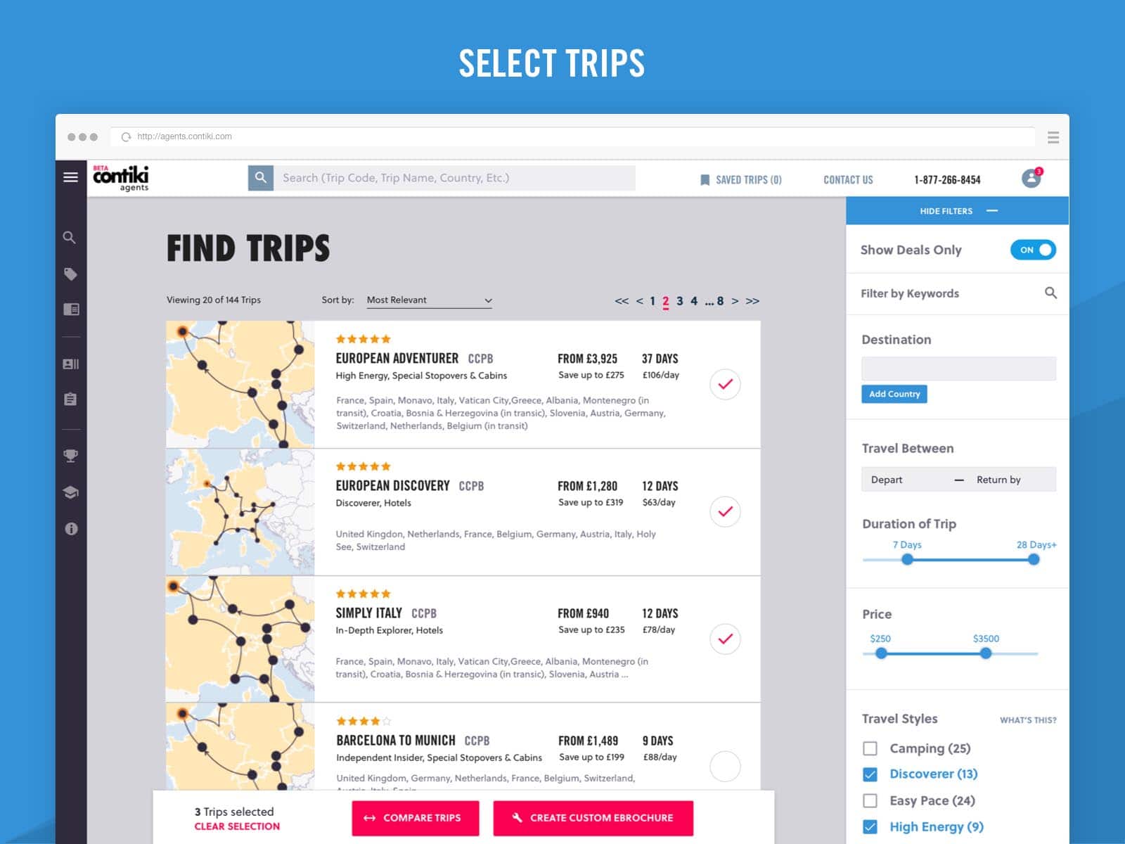 contiki agents booking platform ux design trips search